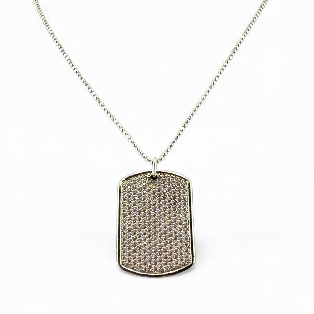 925 Sterling Silver CZ Dog Tag Necklace Made in Turkey Ball Chain Unisex Pendant